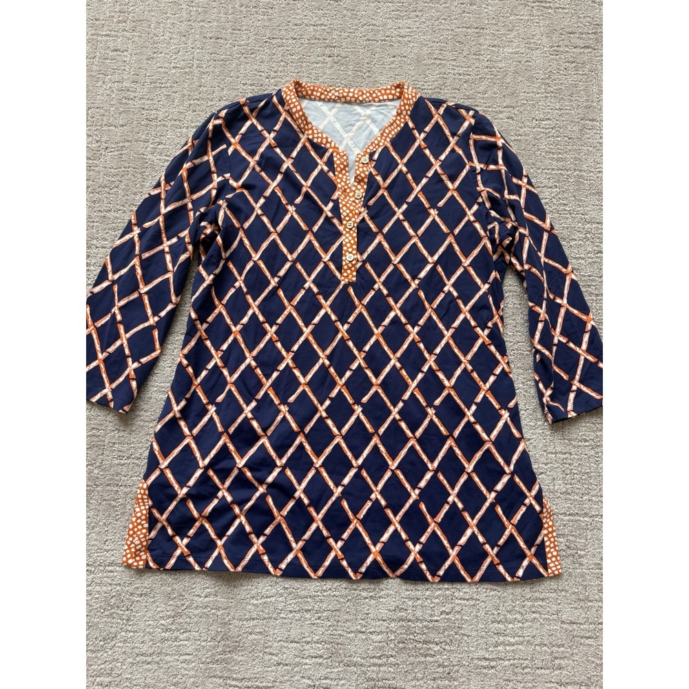 J.McLaughlin Womens Blue Orange Bamboo Lattice Catalina Cloth Top Tunic XL